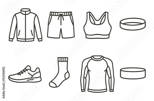 Sportswear set. athletic clothing silhouette icons. jacket, shorts, bra, shoes, vector icons.