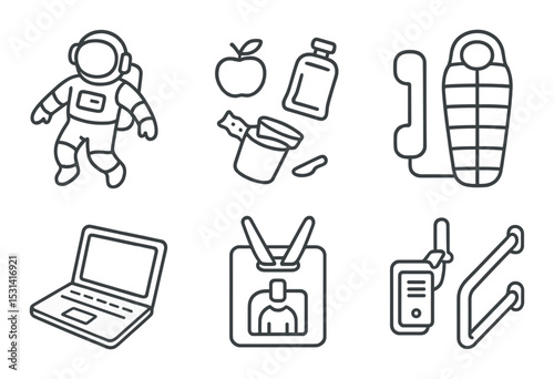 Space exploration gear set. astronaut, laptop, sleeping bag, radio, phone, tools flat vector icons