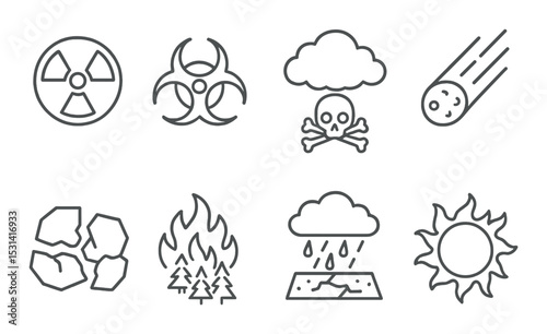 Disaster icon set. catastrophe silhouette symbols: radiation, meteor, flood, sun vector icons.