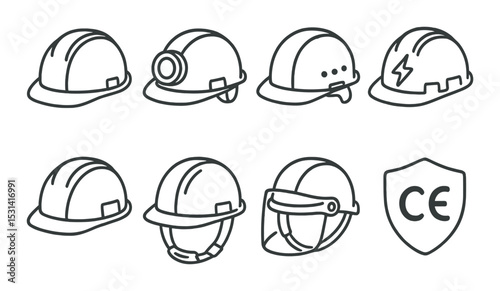Safety helmet set. construction protection silhouette icons. hard hat, shield vector icons.