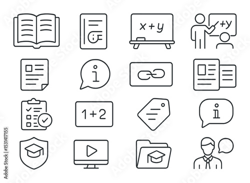 Education icon set. learning and teaching linear design. book, chalkboard, diploma vector icons.