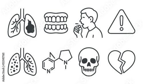Lung health set. medical linear icons: lung, cough, skull, heart, teeth, alert vector icons.
