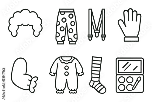 Clown costume set. circus style linear icons. wig, pants, suspenders, glove, bowtie, onesie, sock, makeup kit vector icons.