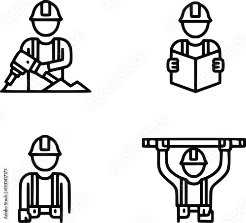 Construction worker icons set depicting drilling, reading blueprints, and lifting beams showcasing diverse roles in the building industry, silhouette