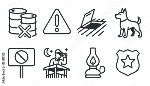 Safety and security icon set. flat safety, warning, guard, patrol, surveillance vector icons.