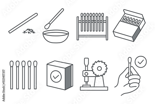 Matchstick set: firestarter silhouette style. match, box, hand, strike, saw vector icons.