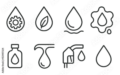 Oil and fuel drop set. linear energy icons. gear, leaf, pump, bottle, splash, vector icons.