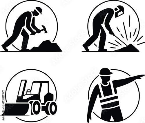 Construction Worker Safety Icons Set Featuring Mining Welding and Loader Symbols for Industrial Safety Signage and Manuals, silhouette