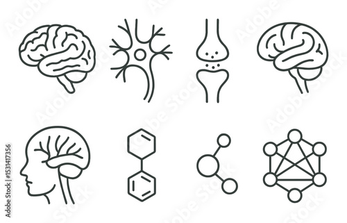 Neural network set. brain neuroscience linear icons. neuron, synapse, molecule vector icons.