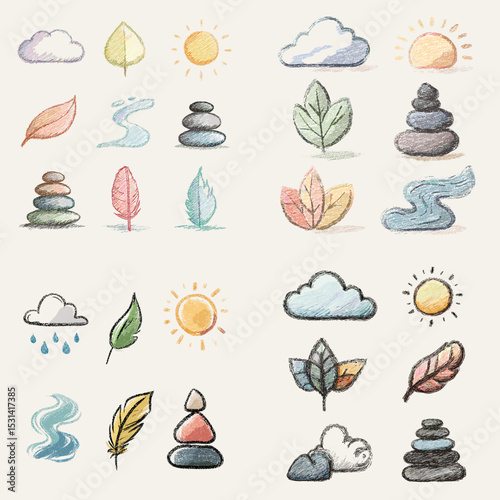 Tranquil pastel icons of nature and zen elements such as leaves, stones, clouds, sun, water, and feathers, perfect for wellness, meditation, or eco designs.

