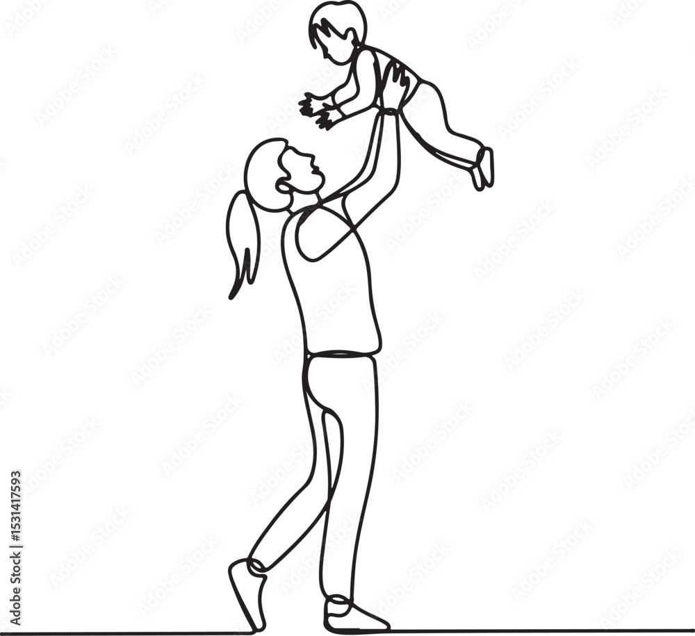 Continuous line drawing of a parent lifting child high in the air in minimalist black and white style
Continuous line drawing of a parent lifting child high in the air in minimalist black and white style