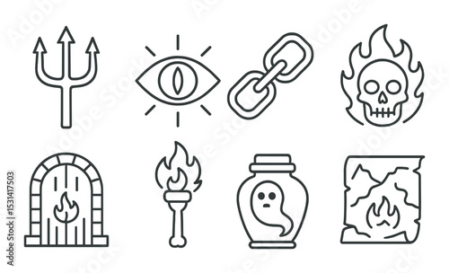 Halloween icon set. spooky elements silhouette: trident, eye, chain, skull, torch vector icons.