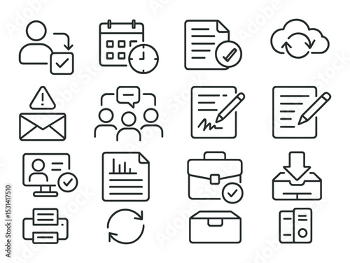 Office document icon set. business, calendar, cloud, email, pen, briefcase linear vector icons