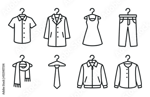 Clothing set. fashion silhouette icons. shirt, coat, dress, pants, scarf, tie, jacket vector icons.