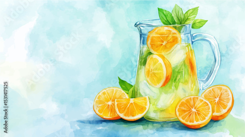 Watercolor vector illustration of lemonade in a pitcher on blue background.