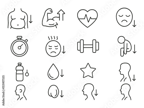 Health and fitness set. workout and nutrition linear icons. muscle, heart, stopwatch, dumbbell vector icons.