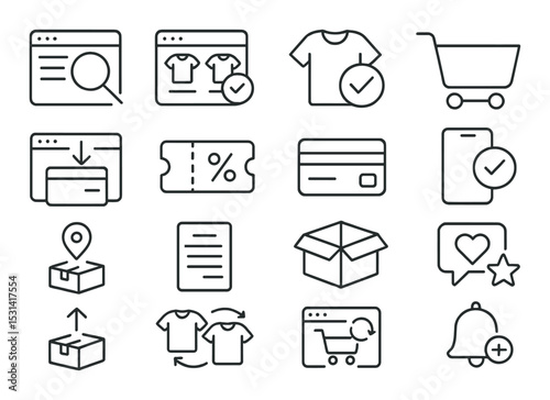 E-commerce icon set. online shopping linear icons. cart, card, delivery, discount vector icons.