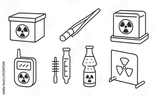 Radiation hazard set. nuclear safety silhouette icons. box, detector, waste, vector icons.