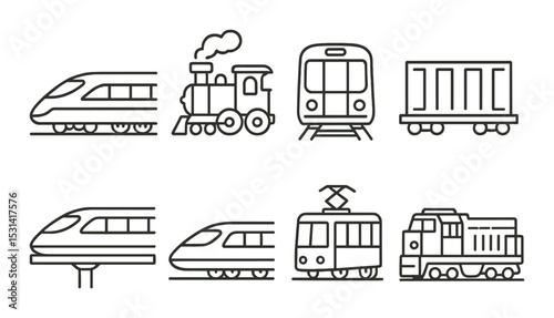 Train icon set. transportation linear vectors. train, subway, tram, locomotive, railcar vector icons.