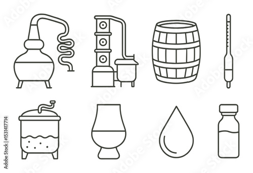 Distillery equipment set. brewing and spirit silhouette: still, barrel, hydrometer vector icons