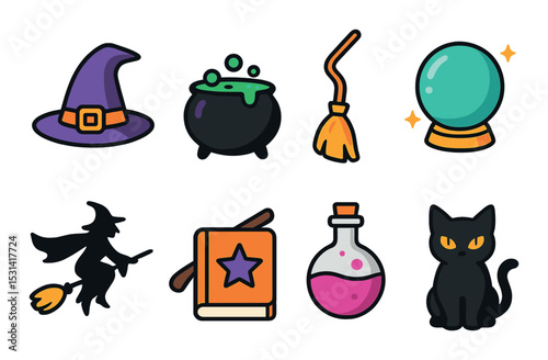 Witchcraft icon set. magic tools flat style. hat, cauldron, broom, crystal, book, potion, cat vector icons.