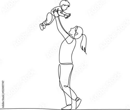 Continuous line drawing of a parent lifting child high in the air in minimalist black and white style

