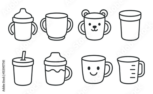 Sippy cup set. baby drinkware flat mugs. bear, straw, spout, handles, toddler vector icons.