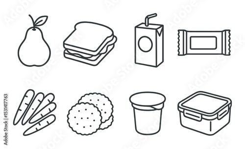 Lunchtime food set. snack, sandwich, juice, carrot, cookie, container silhouette vector icons.