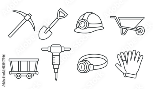 Mining tools set. industrial equipment silhouette icons. pickaxe, helmet, drill, gloves vector icons.