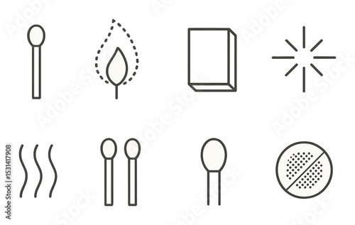 Fire safety set. match, flame, box, spark, linear design vector icons.