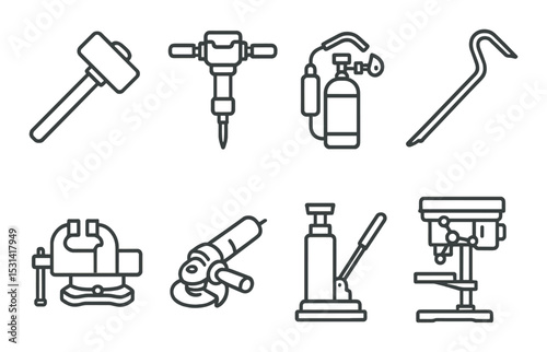 Tool set. industrial tools silhouette icons. hammer, drill, torch, wrench vector icons.