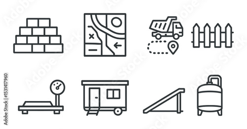 Construction site set. linear style: bricks, map, truck, fence, sign, trailer, ramp vector icons.