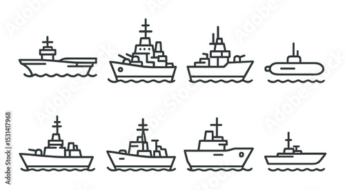 Warship set. naval fleet linear ships. carrier, destroyer, submarine, battleship vector icons.