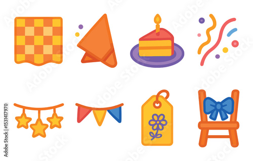 Party decoration set. colorful celebration flat icons: napkin, cake, banner, bow, vector icons.