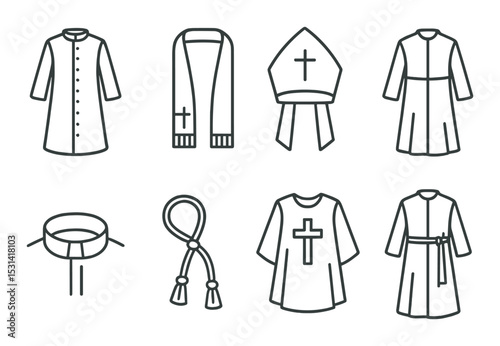 Clergy apparel set. religious clothing silhouette. robe, stole, mitre, alb, cassock vector icons.