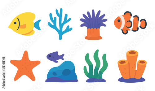 Sea life set. marine animals flat icons. fish, coral, starfish, anemone, reef, seaweed vector icons.