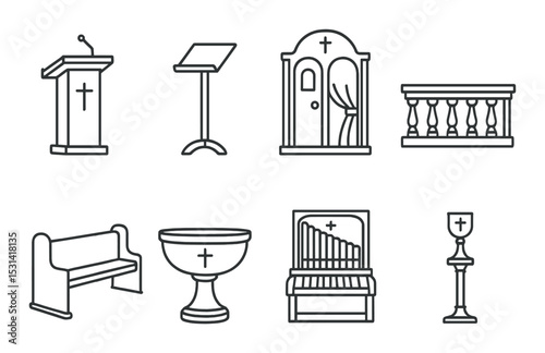 Church furniture set. religious linear icons: pulpit, pew, altar, organ, chalice, confessional vector icons.