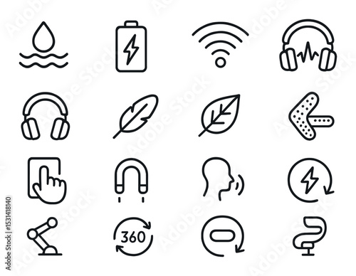 Essential tech icon set. gadgets and communication silhouette symbols. headphones, wifi, battery, arrow vector icons.
