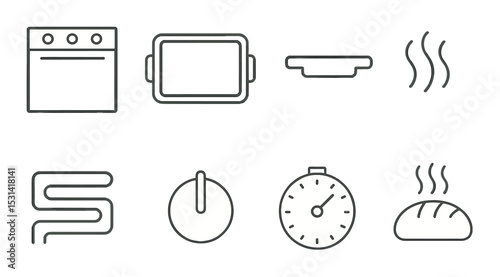 Oven and kitchen appliance set: linear oven, timer, baking tray, steam, bread vector icons