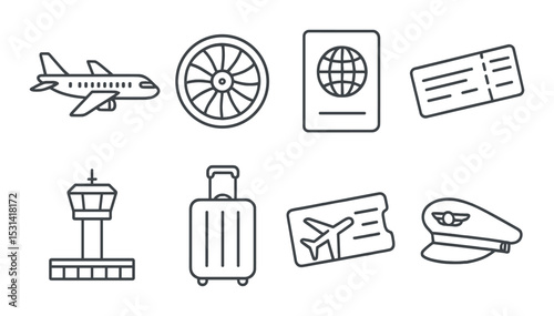 Travel icon set. flat travel, airplane, passport, ticket, luggage, pilot cap vector icons
