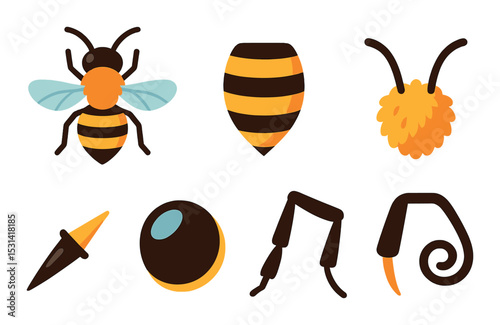 Bee and hive set. insect-themed silhouette icons: bee, hive, wings, stinger vector icons.