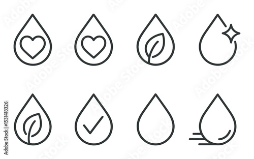 Water droplet icon set. clean, leaf, heart, sparkle, check, flat style vector icons
