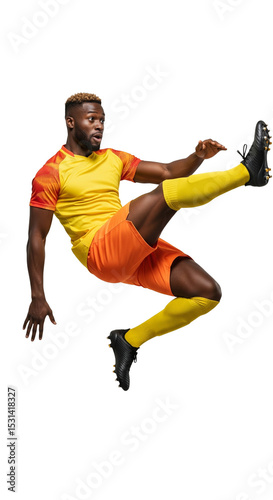 Dynamic Action of a Soccer Player in Bright Sports Attire Capturing the Spirit of Competition