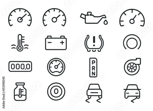 Dashboard gauge set. automotive dashboard linear icons. speedometer, oil, battery vector icons.
