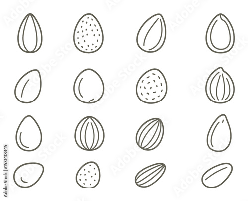 Nut and seed set. edible food silhouette icons: almond, hazelnut, pumpkin, sunflower vector icons.