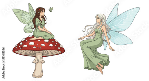 A Whimsical Garden Fairy Tale Illustration Featuring Winged Creatures and Natural Elements