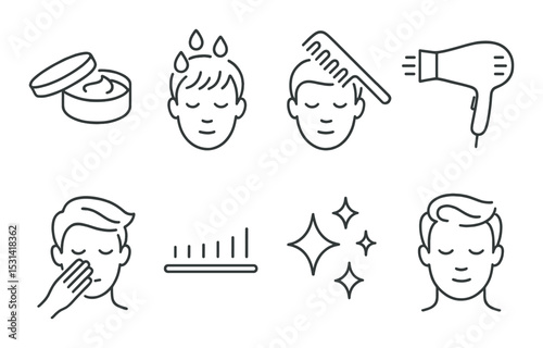 Men's grooming set. haircare, hygiene silhouette comb, shampoo, dryer, skincare vector icons.
