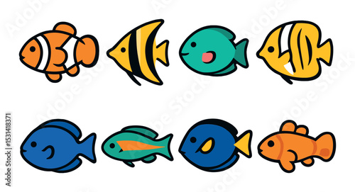 Aquatic fish set. ocean life colorful flat icons. angelfish, clownfish, tang, marine vector icons.
