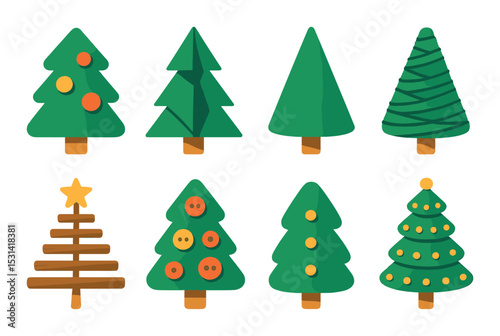 Christmas tree set. festive flat trees, pine, decorations, holiday, spruce vector icons.