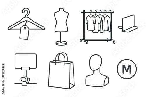 Fashion retail icon set. clothing store linear symbols: hanger, bag, mannequin, laptop vector icons.